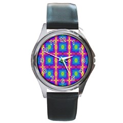 Groovy Blue Pink Yellow Square Pattern Round Metal Watch