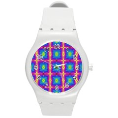 Groovy Blue Pink Yellow Square Pattern Round Plastic Sport Watch (m) by BrightVibesDesign