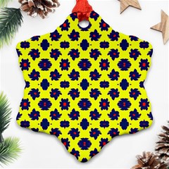 Modern Dark Blue Flowers On Yellow Snowflake Ornament (two Sides)