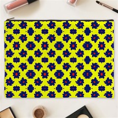 Modern Dark Blue Flowers On Yellow Cosmetic Bag (xxxl) by BrightVibesDesign