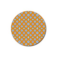 Modern Blue Flowers  On Orange Rubber Round Coaster (4 Pack)  by BrightVibesDesign