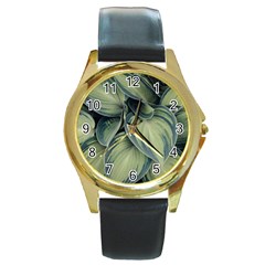 Closeup Photo Of Green Variegated Leaf Plants Round Gold Metal Watch by Pakrebo