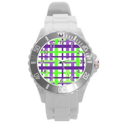 Plaid Waffle Gingham Round Plastic Sport Watch (l)