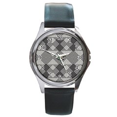 Monochrome Geometric Herringbone Seamless Pattern Vector Round Metal Watch by Sudhe