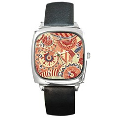 Pop Art Paisley Flowers Ornaments Multicolored 4 Background Solid Dark Red Square Metal Watch by EDDArt