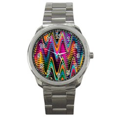 Multicolored Wave Distortion Zigzag Chevrons 2 Background Color Solid Black Sport Metal Watch by EDDArt