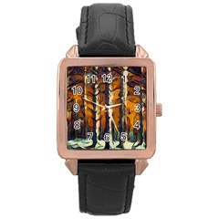 Forest Woods Trees Night Shadows Rose Gold Leather Watch 