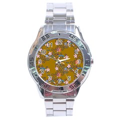 Textile Flowers Pattern Stainless Steel Analogue Watch