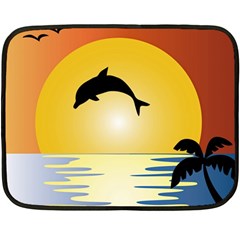 Ocean Sunset Dolphin Palm Tree Fleece Blanket (mini) by Simbadda