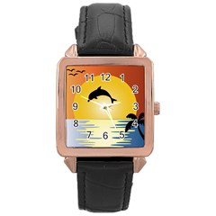 Ocean Sunset Dolphin Palm Tree Rose Gold Leather Watch 