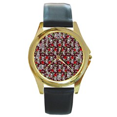 Heart Skeleton Face Pattern Burgundy Round Gold Metal Watch