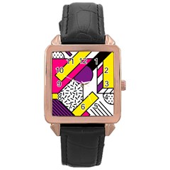 Memphis Colorful Background With Stroke Rose Gold Leather Watch 