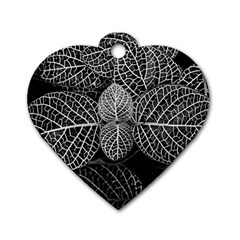 Black And White Plant Leaf Flower Pattern Line Black Monochrome Material Circle Spider Web Design Dog Tag Heart (one Side) by Vaneshart