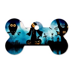 Funny Halloween Design With Skeleton, Pumpkin And Owl Dog Tag Bone (one Side) by FantasyWorld7