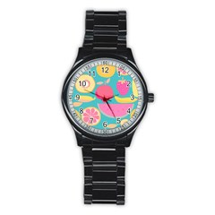 Seamless Pattern With Fruit Vector Illustrations Gift Wrap Design Stainless Steel Round Watch by Vaneshart