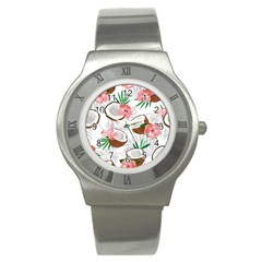 Seamless Pattern Coconut Piece Palm Leaves With Pink Hibiscus Stainless Steel Watch by Vaneshart