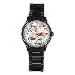 Seamless Pattern Coconut Piece Palm Leaves With Pink Hibiscus Stainless Steel Round Watch