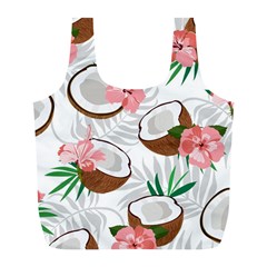 Seamless Pattern Coconut Piece Palm Leaves With Pink Hibiscus Full Print Recycle Bag (l) by Vaneshart