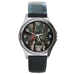 Awesome Fantasy Women With Helmet Round Metal Watch by FantasyWorld7