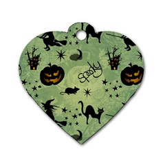 Funny Halloween Pattern With Witch, Cat And Pumpkin Dog Tag Heart (two Sides)