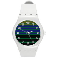 Black Stripes Green Olive Blue Round Plastic Sport Watch (m) by BrightVibesDesign