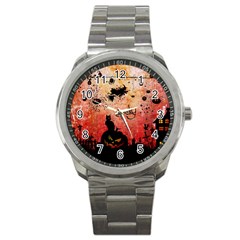 Funny Halloween Design, Cat, Pumpkin And Witch Sport Metal Watch by FantasyWorld7