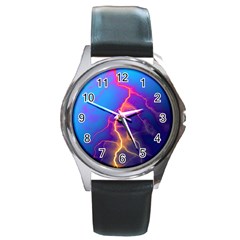 Blue Lightning Colorful Digital Art Round Metal Watch by picsaspassion