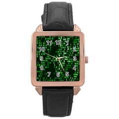 Abstract Plaid Green Rose Gold Leather Watch 