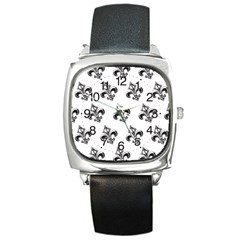 French France Fleur De Lys Metal Pattern Black And White Antique Vintage Square Metal Watch by Quebec