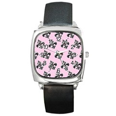 French France Fleur De Lys Metal Pattern Black And White Antique Vintage Pink And Black Rocker Square Metal Watch by Quebec