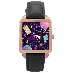 Retrowave Aesthetic Vaporwave Retro Memphis Pattern 80s Design 3d Geometric Shapes Rose Gold Leather Watch  by genx