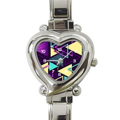 Retrowave Aesthetic Vaporwave Retro Memphis Triangle Pattern 80s Yellow Turquoise Purple Heart Italian Charm Watch by genx