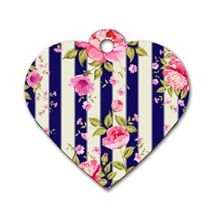 Stripes Floral Print Dog Tag Heart (two Sides) by designsbymallika