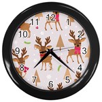 Christmas Seamless Pattern With Reindeer Wall Clock (Black) Front