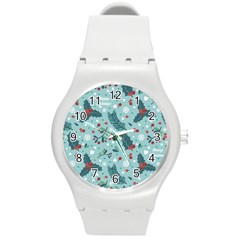 Seamless Pattern With Berries Leaves Round Plastic Sport Watch (m)