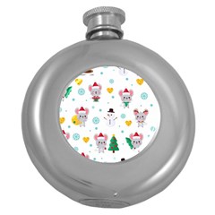 Christmas Seamless Pattern With Cute Kawaii Mouse Round Hip Flask (5 Oz) by Vaneshart