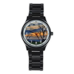 Sunset Scene At Waterfront Boardwalk, Montevideo Uruguay Stainless Steel Round Watch by dflcprints