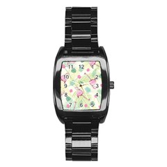 Beautiful Seamless Vector Tropical Pattern Background With Flamingo Hibiscus Stainless Steel Barrel Watch by Wegoenart