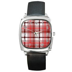 Red Abstract Check Textile Seamless Pattern Square Metal Watch by Wegoenart