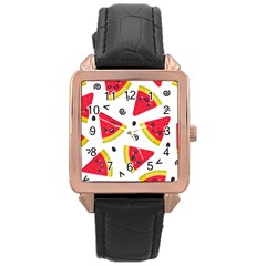 Cute Smiling Watermelon Seamless Pattern White Background Rose Gold Leather Watch 