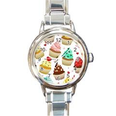 Seamless Pattern Yummy Colored Cupcakes Round Italian Charm Watch