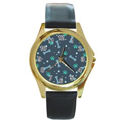 Bons Foot Prints Pattern Background Round Gold Metal Watch