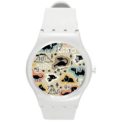 Seamless Pattern With Dinosaurs Silhouette Round Plastic Sport Watch (m)