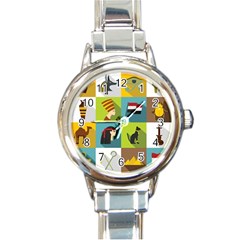 Egypt Travel Items Icons Set Flat Style Round Italian Charm Watch by Wegoenart