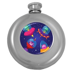 Cartoon Funny Aliens With Ufo Duck Starry Sky Set Round Hip Flask (5 Oz) by Vaneshart