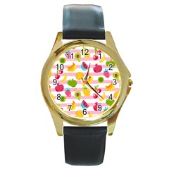 Tropical Fruits Berries Seamless Pattern Round Gold Metal Watch