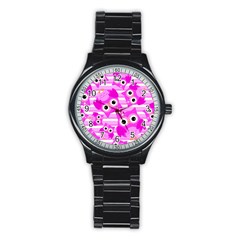 Pink Owl Pattern Background Stainless Steel Round Watch by Vaneshart