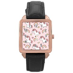 Cute-unicorn-rainbow-seamless-pattern-background Rose Gold Leather Watch  by Vaneshart