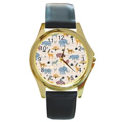 Wild Animals Seamless Pattern Round Gold Metal Watch