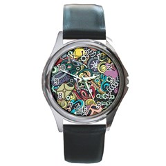 Cartoon-cute-doodles-hand-drawn-auto-service-seamless-pattern Round Metal Watch by Vaneshart